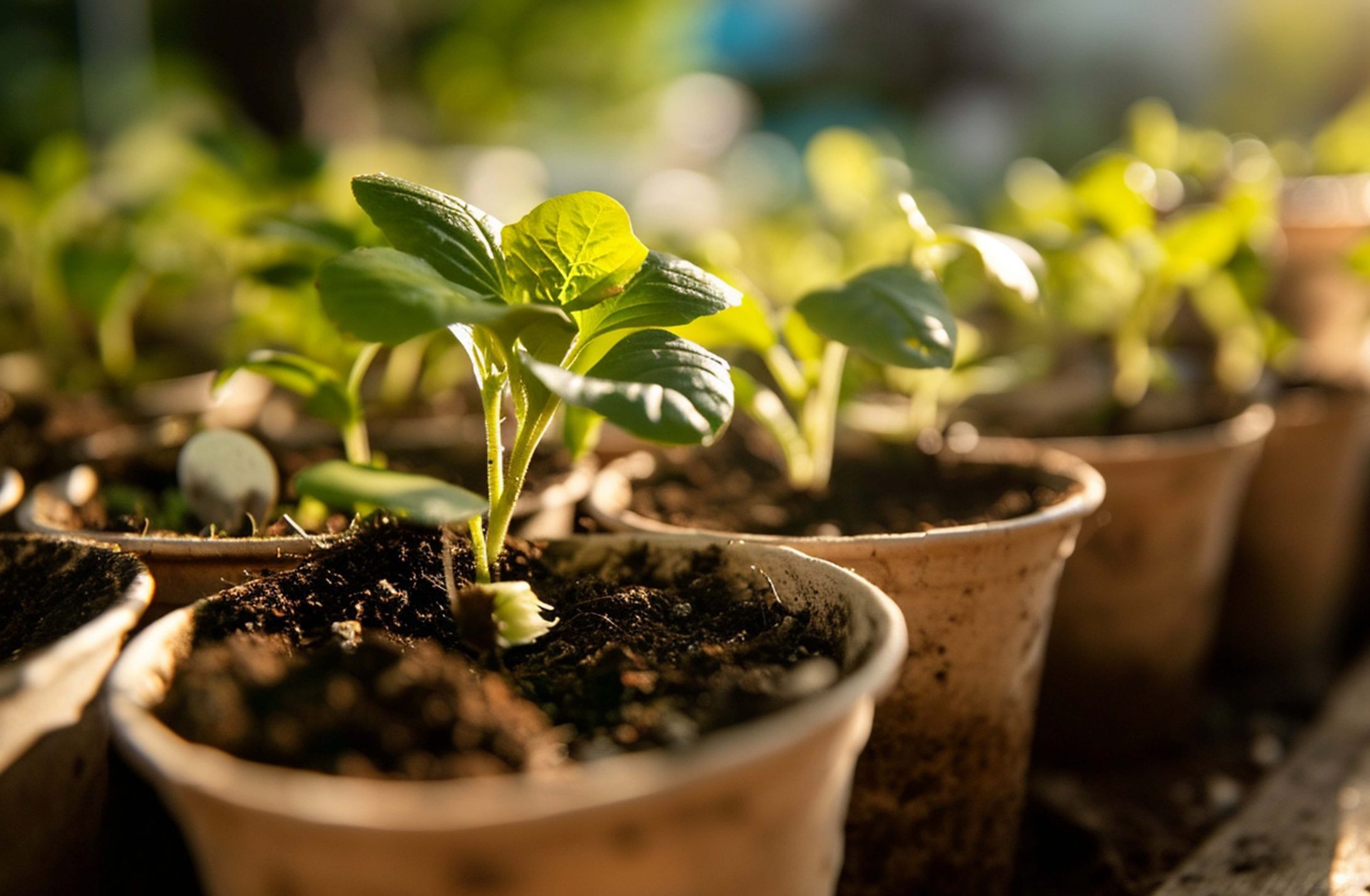 close-up of seedlings in pots on the table.